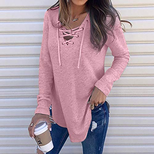 Camiseta de Mujer,Manga Larga Elegante Color sólido Blusa y Camisa Cuello en v Basica Camiseta Moda Suelto Verano Primavera Tops Casual Fiesta T-Shirt Original vpass