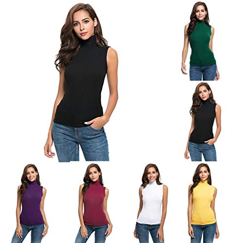 Camisetas sin Mangas Mujer,SHOBDW Primavera Verano Sin Mangas Sólido Suave Slim Fit Cuello Alto Frío Hombro Camiseta Blusa Moda Diario Casual Tank Tops para Mujeres(Negro,XL)