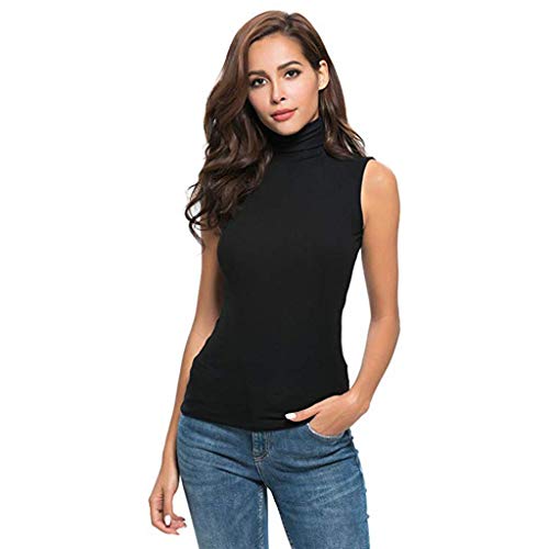 Camisetas sin Mangas Mujer,SHOBDW Primavera Verano Sin Mangas Sólido Suave Slim Fit Cuello Alto Frío Hombro Camiseta Blusa Moda Diario Casual Tank Tops para Mujeres(Negro,XL)