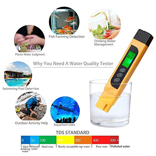 CAMWAY Digital TDS Tester Pen Portátil Calidad de Agua TDS EC Temperatura Pura Medidor TEMP PPM Kit de Filtro de Prueba 0-9990 ppm 4 Modos de Pantalla ppm, µs/cm, °F, °C - Fácil de ver, TDS Amarillo