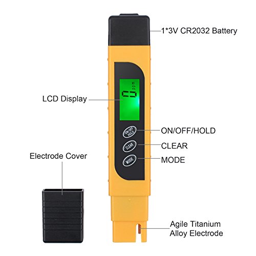 CAMWAY Digital TDS Tester Pen Portátil Calidad de Agua TDS EC Temperatura Pura Medidor TEMP PPM Kit de Filtro de Prueba 0-9990 ppm 4 Modos de Pantalla ppm, µs/cm, °F, °C - Fácil de ver, TDS Amarillo