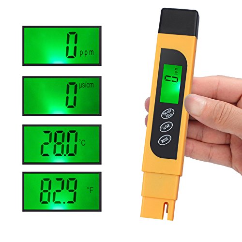 CAMWAY Digital TDS Tester Pen Portátil Calidad de Agua TDS EC Temperatura Pura Medidor TEMP PPM Kit de Filtro de Prueba 0-9990 ppm 4 Modos de Pantalla ppm, µs/cm, °F, °C - Fácil de ver, TDS Amarillo