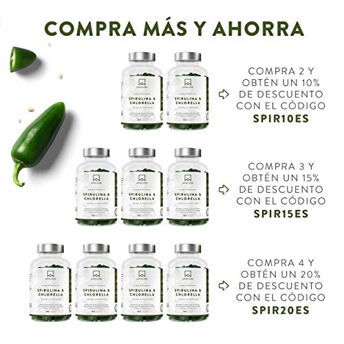 Cápsulas de Espirulina y Chlorella [1800 mg/Dosis Diaria] 200 Comprimidos - Fuente de Vitaminas, Proteínas, Hierro, Fitonutrientes y Calcio - 100% Vegano