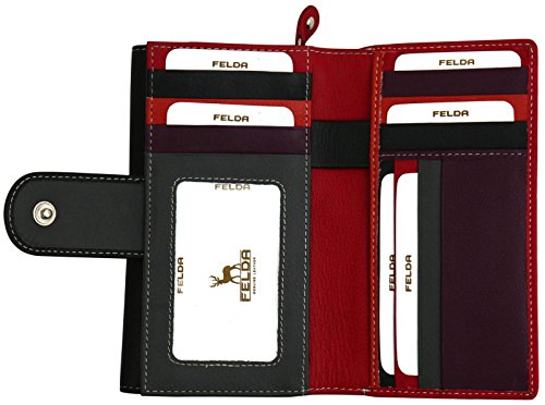 Cartera para Mujer - con Bloqueo de transmisiones RFID y 19 Ranuras para Tarjetas - Cuero auténtico Muy Suave - Negro y Rojo