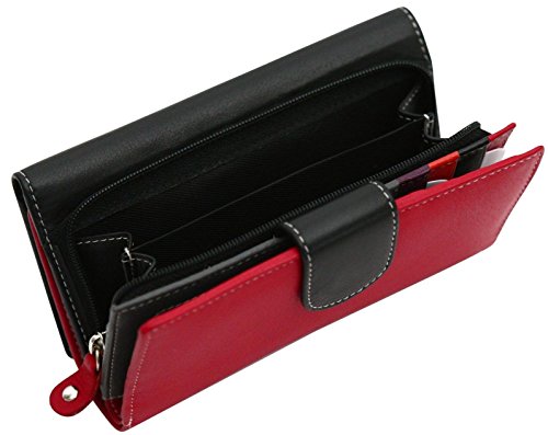 Cartera para Mujer - con Bloqueo de transmisiones RFID y 19 Ranuras para Tarjetas - Cuero auténtico Muy Suave - Negro y Rojo