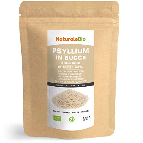 Cáscara de Psyllium Ecológico [99% Pureza] 1 Kg. Psyllium Husk, Natural y Puro. 100% cutícula de semillas de Psilio Orgánico, producido en India. Rico en Fibra, para añadir al Agua, Bebidas y Zumos.
