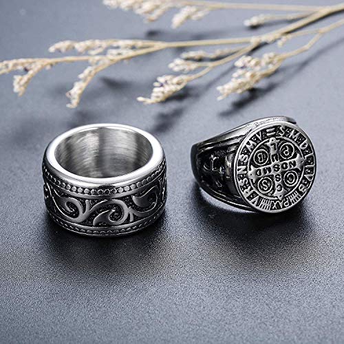 CASSIECA 3PCS Anillo de Acero Inoxidable para Hombres Mujeres Grandes Anchos Cuadrado Grabado Anillo Vintage Rock Gotico Anillos Joyeria