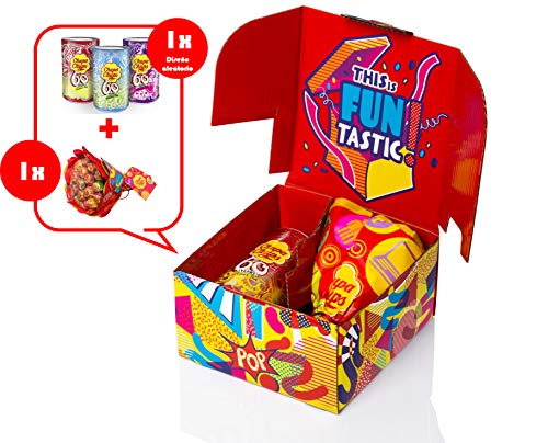 Chupa Chups Original, Caramelo con Palo de Sabores Variados, Caja Regalo con Flower Bouquet de 19 unidades y Lata de 16 unidades de 12 gr. (Total 420 gr.)