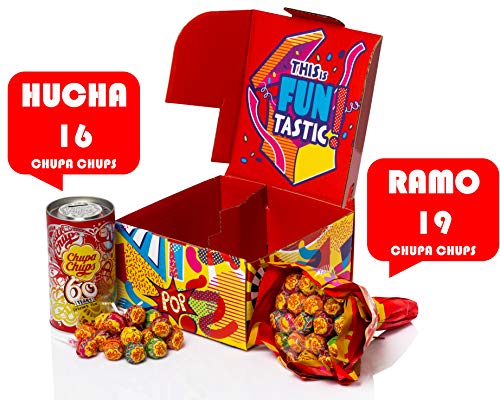 Chupa Chups Original, Caramelo con Palo de Sabores Variados, Caja Regalo con Flower Bouquet de 19 unidades y Lata de 16 unidades de 12 gr. (Total 420 gr.)