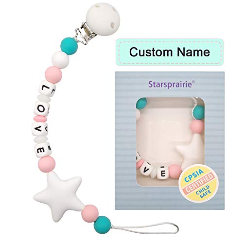 Chupetero Mordedor Personalizado con Nombre Niño Bebe Chupetero Cadena Pinza Silicona Soothie Clip Chupete Chicas (Blanco)