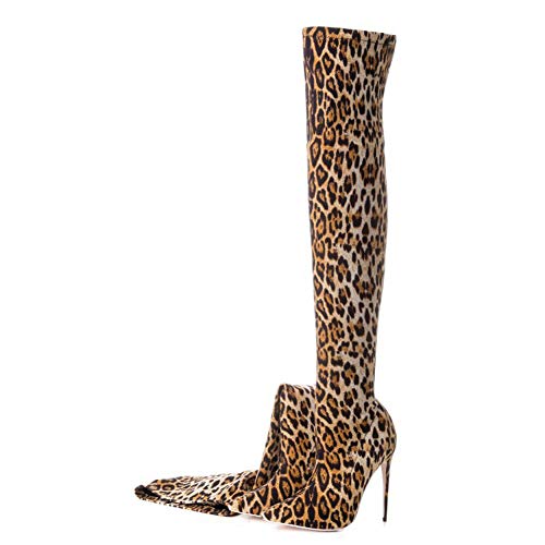 CJCJ-LOVE Botas Con Estampado De Leopardo Para Mujer, Botas Sexis Por Encima De La Rodilla Para Mujer, Botas Altas De Tela De Tacón Alto Con Tacón De Aguja Y Punta Estrecha,Multi colored,45