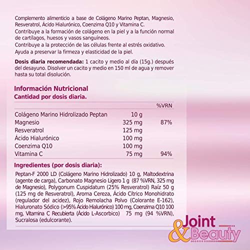 Colágeno en polvo con magnesio y ácido hialurónico | Coenzima Q10 + resveratrol + vitamina C | Piel nutrida y sin arrugas | Articulaciones lubricadas y sin dolor | Colágeno puro con magnesio | 300gr