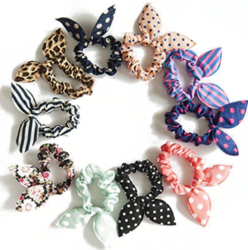 Coletero con diseño de orejas de conejo, a lunares, 10 unidades, para chicas y niñas (el color y el diseño son aleatorios)