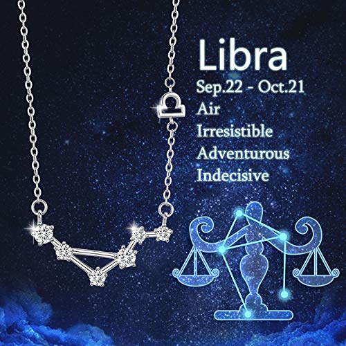 Colgante de constelación de zodiaco, collar de libra de plata esterlina, 12 signos de horóscopo, joyas, regalos de cumpleaños de septiembre a octubre para mujeres niñas, collar de astrología de 18 "