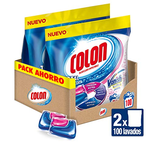 Colon Total Power Gel Caps Vanish - Detergente para lavadora con agentes quitamanchas, formato cápsulas - pack de 2, hasta 100 dosis