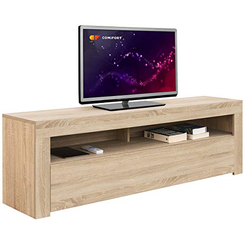 COMIFORT Mueble de TV - Mesa de Salón de Estilo Moderno con Puerta Abatible con Estantes de Gran Almacenaje, Muy Resistente, Fabricada en Europa, Color Roble