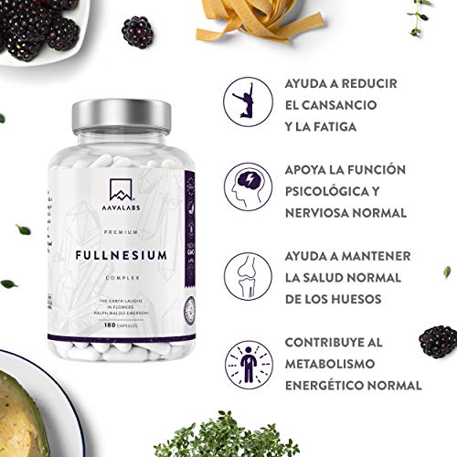 Complejo de Magnesio Fullnesium - 180 Cápsulas - 400 mg/Dosis Diaria - Óxido de Magnesio, Citrato de Magnesio, Malato de Magnesio, Taurato de Magnesio - 100% Vegano