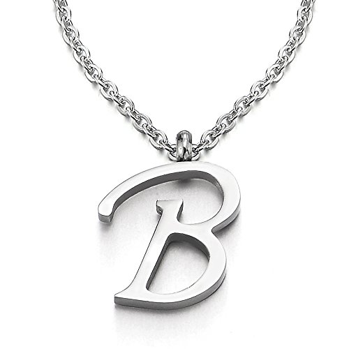 COOLSTEELANDBEYOND Nombre Inicial Letra del Alfabeto B Colgante, Collar de Mujer Hombre, Acero Inoxidable,50cm Cadena Cuerda