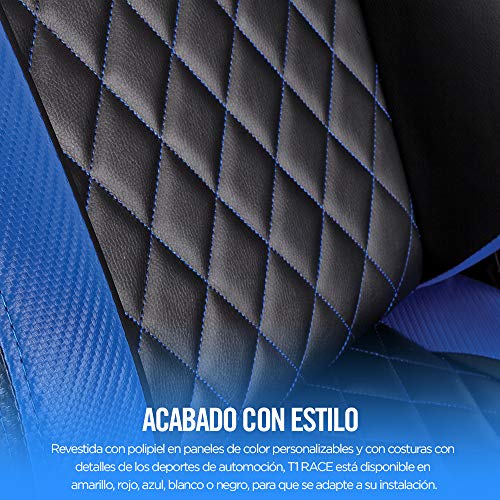 Corsair T1 Race Silla de Oficina, para Videojuegos, Polipiel, fácil de ensamblar, giratoria ergonómica, Altura Ajustable y reposabrazos 4D, Asiento cómodo y reclinable, Negro y Azul