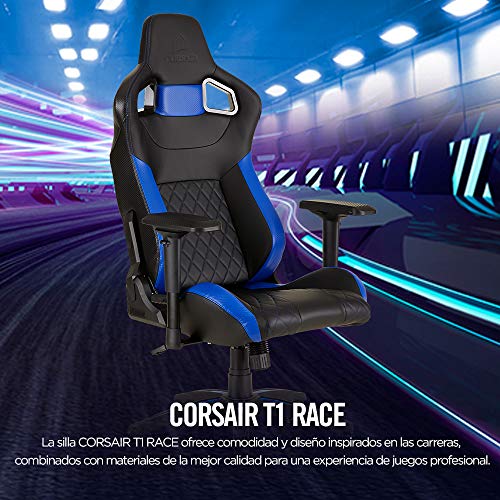 Corsair T1 Race Silla de Oficina, para Videojuegos, Polipiel, fácil de ensamblar, giratoria ergonómica, Altura Ajustable y reposabrazos 4D, Asiento cómodo y reclinable, Negro y Azul