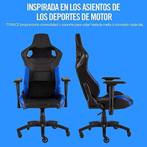 Corsair T1 Race Silla de Oficina, para Videojuegos, Polipiel, fácil de ensamblar, giratoria ergonómica, Altura Ajustable y reposabrazos 4D, Asiento cómodo y reclinable, Negro y Azul