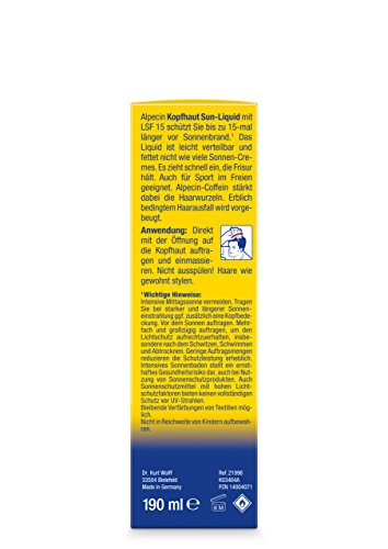 Crema solar Alpecin Sun-Liquid, 1 x 190 ml, el protector solar para la piel de la cabeza con SPF 15