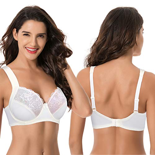 Curve Muse - Sujetador de Encaje sin Forro con Aros y Talla Grande con Tirantes Acolchados (Paquete de 2)-Crema, Armada -95B