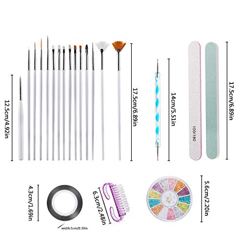 Czemo Kit de Accesorios Decoración Uñas Nail Art, 15pcs Pinceles para Uñas, 10pcs Rollos de Cintas Adhesivas Uñas, 5pcs de Lápiz de Punto, 4 Cajas de Diamantes de Uñas