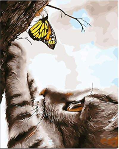 DAFFG DIY Pintura Regalo - Cat Butterfly Catch- Pintura por Números para Adultos Niños Pintar por Numeros Kits sobre Lienzo DIY Pintura Al Óleo para Niños Principiantes 40X50Cm