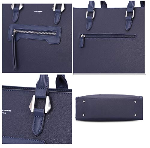 David Jones - Bolso de Mano Trabajo Mujer - Shopper Tote Bag PU Piel - Grande Bolso Bandolera Hombro Cuero Asa Superior - Maletines A4 Diario Vida Satchel Mensajero Oficina Escuela - Azul Marino