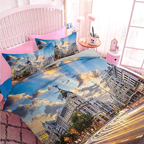 Decoración para el hogar Textil Vista de las calles Modern Madrid con paisaje del cielo Gran Casco Antiguo Deco (3 piezas, tamaño doble) 1 funda de edredón y 2 fundas de almohada