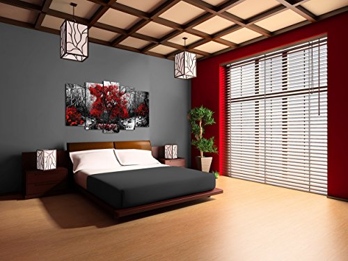 DekoArte 257 - Cuadros Modernos Impresión de Imagen Artística Digitalizada | Lienzo Decorativo para Salón o Dormitorio | Estilo Paisaje Blanco y Negro con Árboles Rojos Naturaleza | 5 Piezas 150x80cm