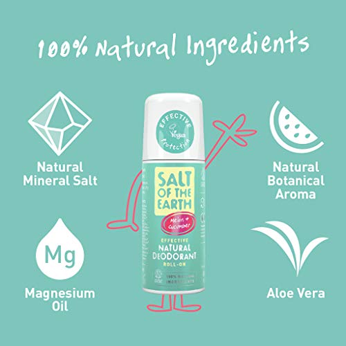 Desodorante natural Roll On por Salt of the Earth, Melón y Pepino, vegano, protección de larga duración, no probado en animales, sin parabenos, fabricado en el Reino Unido – 75 ml