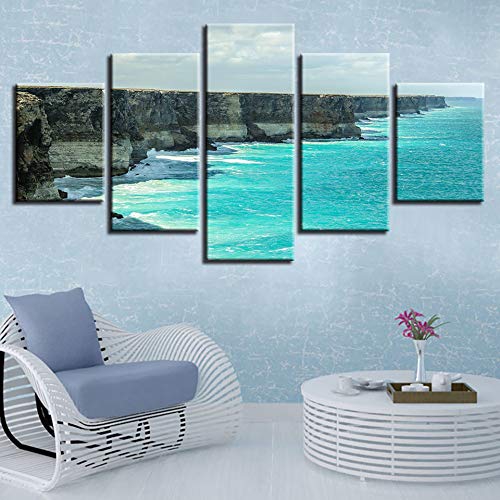 DGGDVP Impresiones en Lienzo modulares HD Cartel 5 Piezas Acantilado Escarpado Costa Imágenes Blue Waves Seascape Paintings Wall Art Decoración para el hogar tamaño 2 Marco