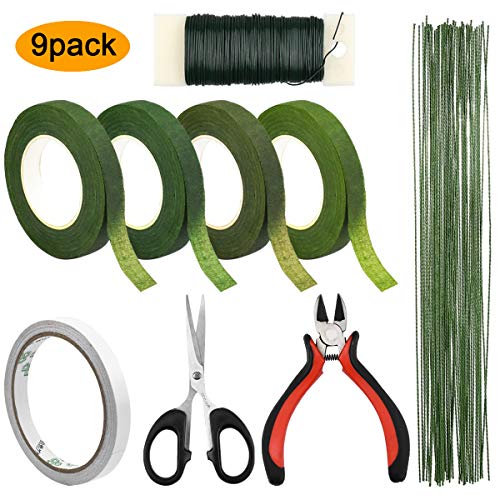 Dokpav Kit de Arreglos Florales, 9 Pz Herramienta Florales, Cinta Floral Verde Tape, Alambre Florista, cintas, Cortador de Alambre y Tijeras para Hermoso Arreglo de Ramo