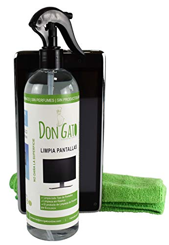 DON GATO - Limpia Pantallas + Paño Microfibras (500ml) para Televisor, Tableta, Ordenador portátil, LCD, LED, Teléfono móvil. Hecho con productos naturales y respetuoso con el medio ambiente.