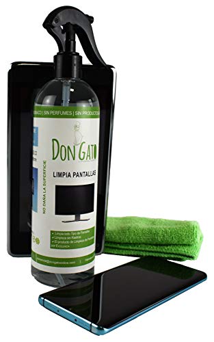 DON GATO - Limpia Pantallas + Paño Microfibras (500ml) para Televisor, Tableta, Ordenador portátil, LCD, LED, Teléfono móvil. Hecho con productos naturales y respetuoso con el medio ambiente.