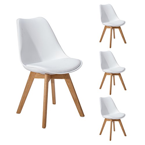 DORAFAIR Pack 4 sillas escandinava Estilo nórdico Silla de Comedor, con Las piernas de Madera de Roble Maciza y cojín cómoda,Blanco