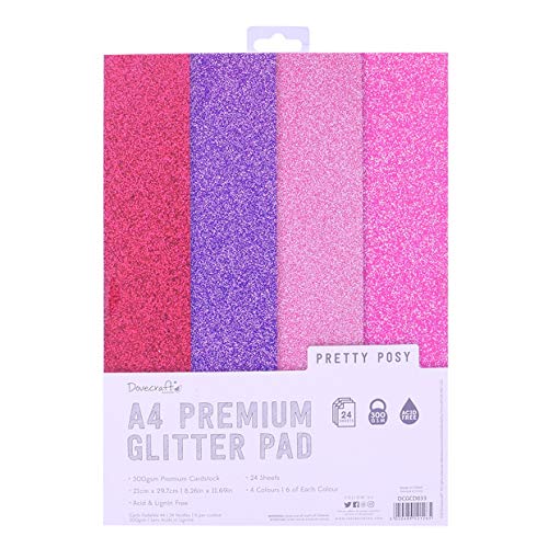 Dovecraft DCGCD033 Glitter A4 Pad-Perfectly Pink – 24 Sheets – Non-shed – 300GSM – 4 Shades of Pink & Purple-For Scrapbooking, Card Making, Home Décor, Party Crafts, Multicolore, 1