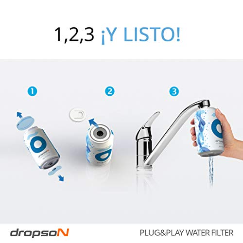 dropson Lata filtrante Filtro de Agua para Grifo, Membrana de microfiltración 100% Natural, 300 litros de Agua filtrada, monitorizable con Smartphone, Llena una Jarra de 1L en 1 min.