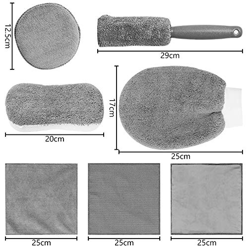 DY_Jin Juego de Limpieza para automóvil de 9 Piezas, toallitas de Limpieza Multiusos, paño de Microfibra para automóvil, con Cepillo para neumáticos, Guantes de Trabajo, Esponja(Gray)