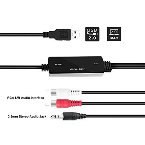 Easy-Link Capturadora Audio USB 2.0 - Convertidor Audio 3.5mm RCA L/R Audio Grabber para Windows Mac / Cassette a MP3 / Audio Analógico a Digital