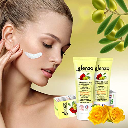 eLenzo • Crema de día orgánica • Crema hidratante facial y cuello • Aloe vera, agua de rosa, aceite de karité • Fabricada en Francia y certificada por Ecocert • Todo tipo de piel • 50 ml