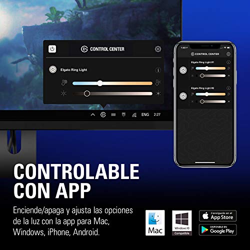 Elgato Ring Light Luz de Anillo de Calidad con Iluminación Perimetral de 2500 Lúmenes, Difusión Multicapa, Color Ajustable, Control Mediante App en Mac, Windows, iPhone, Android