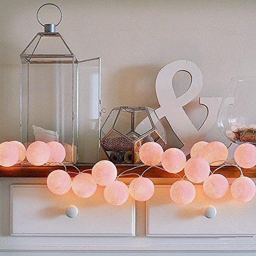 ELINKUME® LED cadena ligera con 20 bolas de algodón, De color blanco luminoso caliente, Operado con pilas, cuerda de la lámpara del Lampion para la decoración, rosa