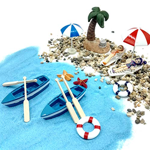 EMiEN 18 piezas playa estilo Kits Set Para DIY figura decorativa en miniatura jardín de hadas decoración para muñecas, azul arena, para las niñas, silla de playa, barco, remos, playa paraguas