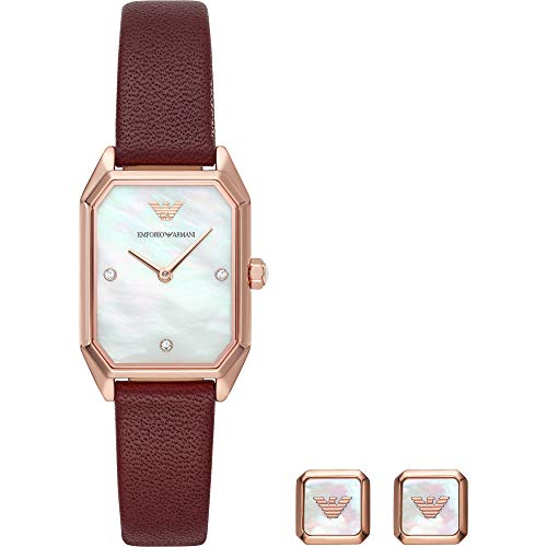 Emporio Armani Set de Regalo para Mujer,Pendientes y Reloj con Esfera Cuadrada en Acero Inoxidable y Correa de Cuero tonalidad Burdeos AR80028