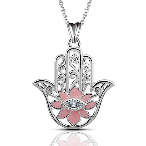 Eudora Plata de ley 925 Aojo Mano de Hamsa Fátima Buena suerte Claro CZ Vendimia Collar colgante, Cadena de 18"