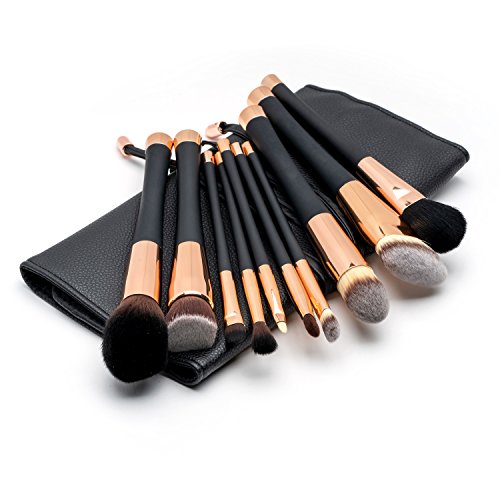 Fancii Set de Brochas de Maquillaje Profesional, Set de 11 Pinceles de Gama Alta, Cerdas Sintéticas sin Crueldad para Difuminar Base y Sombra de Ojos, Bolso de Viaje de Cuero Sintético, Oro Rosado