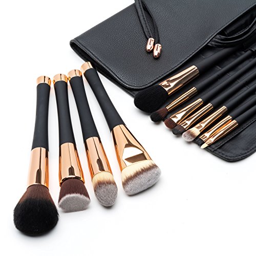 Fancii Set de Brochas de Maquillaje Profesional, Set de 11 Pinceles de Gama Alta, Cerdas Sintéticas sin Crueldad para Difuminar Base y Sombra de Ojos, Bolso de Viaje de Cuero Sintético, Oro Rosado